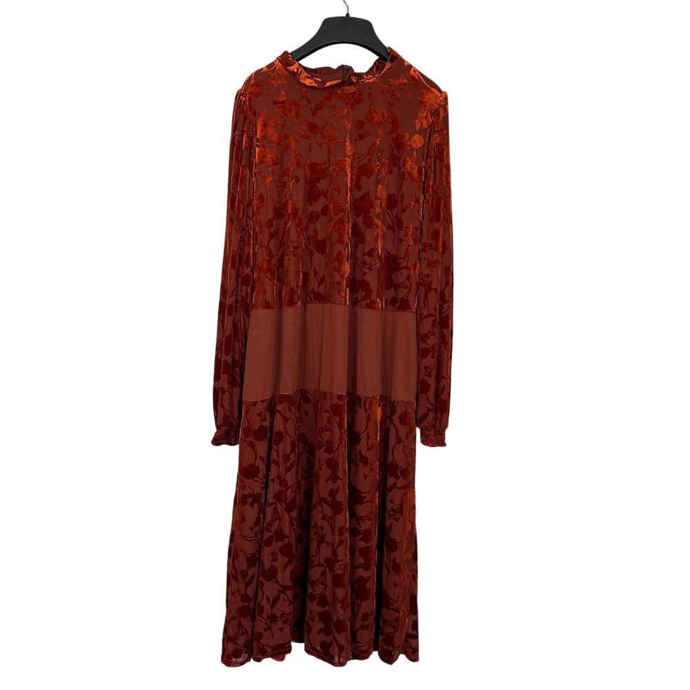 Banana Republic Burnt Orange Velour Long Sleeve Midi Dress